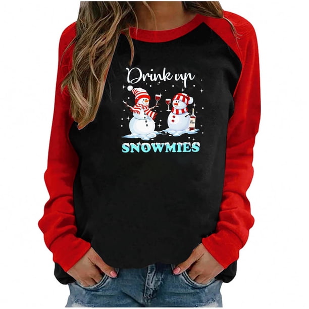 Camiseta de manga larga con estampado navideño informal con cuello redondo para mujer, blusa con parches, Tops a la moda Pompotops gfhjh4293