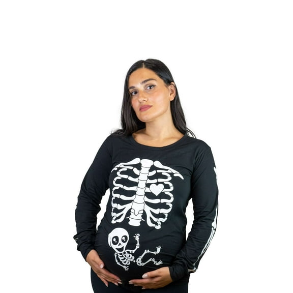 Halloween glow in the dark Long Sleeve Maternity shirt Skeleton X-ray baby boy girl gender reveal glow in the dark t-shirt pregnancy top (Maternity Small)