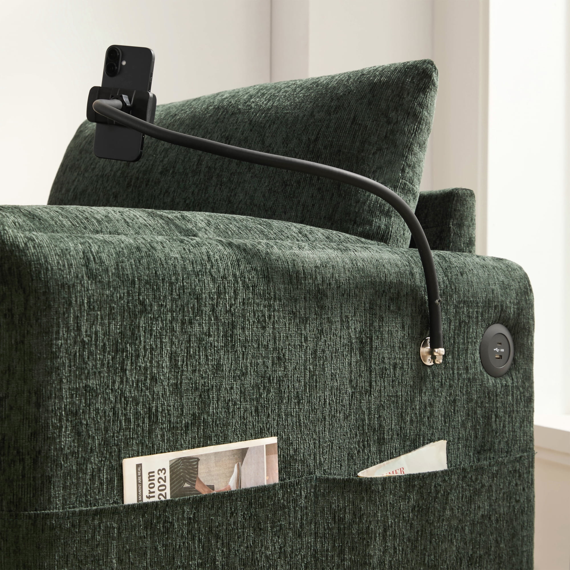 38" Accent Chair with Storage Ottoman, Single Sofa with USB Charger and Phone Holder, Wide Seat Chaise Lounge for Living Room&Apartment,Green