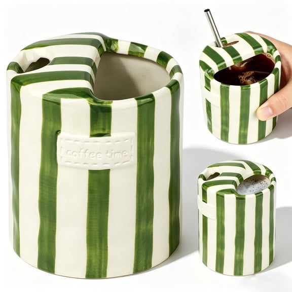 Ceramic Mug Hand-Painted Ceramic, Travel Mug 10oz Green Striped Retro Coffee Cup Perfect Gift for Coffee Lovers