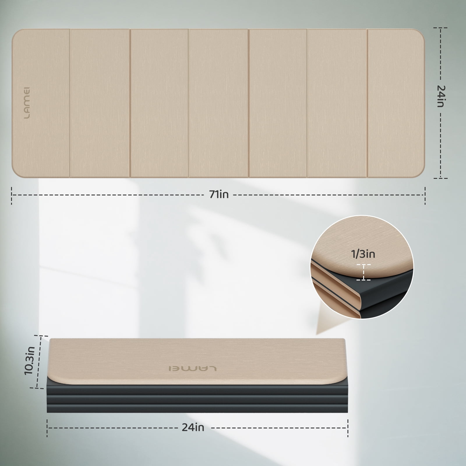 LAMEI 8mm Thick Foldable Yoga Mat - 3-in-1 Folding TPE Non-Slip Mat for All-Level Yoga, Tear-Resistant & Quick-Flat Design, 71x24in (Beige+Black)