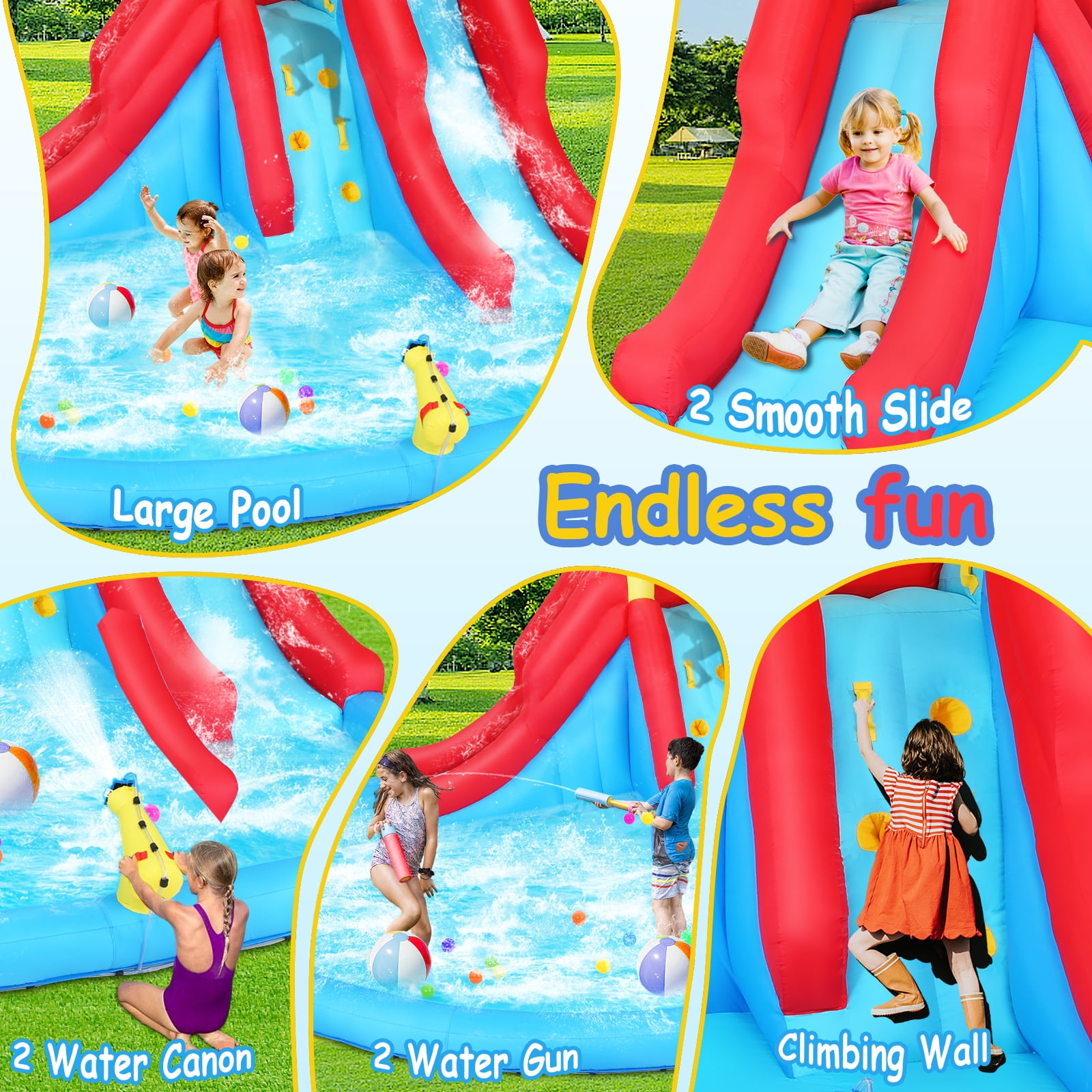 Veeboto Inflatable Water Slide with Splash Double Slide, Climbing Wall, Giant Water Play Ball Pool, 2 Spray Guns Kids Bouncy Castle, Outdoor/Indoor Bounce House, Backyard Water Slide Park
