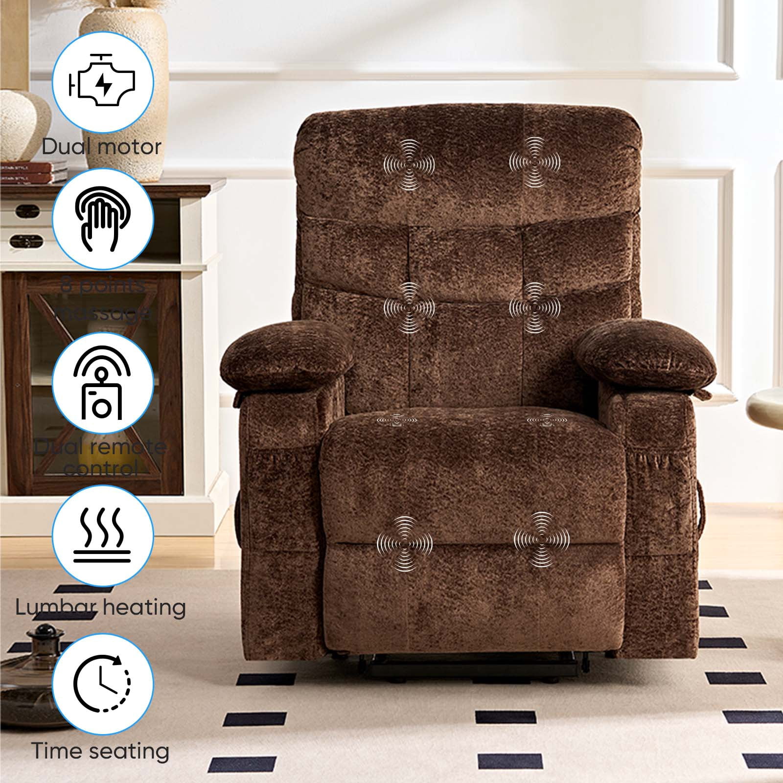 Puremind Dual Motor Power Lift Recliner Chair for Elderly, Electric Lift Recliner Single Sofa with Heating and Message for Living Room/Bedroom, Brown