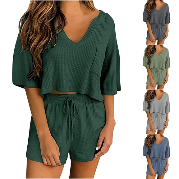 Patlollav Trendy Women Two-Piece Color-Blocking V-Neck Short-Sleeve Fashion Casual Suit
