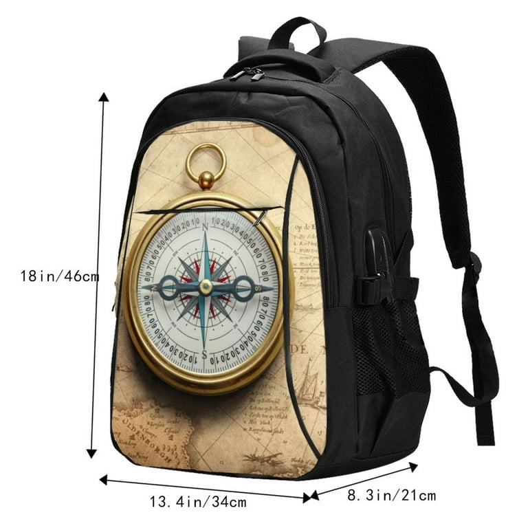 Balery Magnetic Old Compass On World Map Print USB Charging Backpack for Men and Women Water Resistant Anti Theft Laptop Backpack with USB Port for Travel Work School and College Walmart