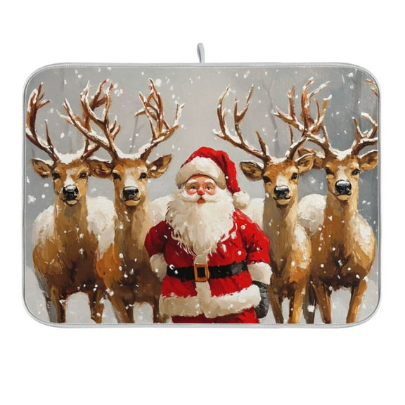 Christmas Santa Claus and Deers Dish Drying Mat 16x18 Absorbent Microfiber Draining Rack Pad for Kitchen Counter Sink