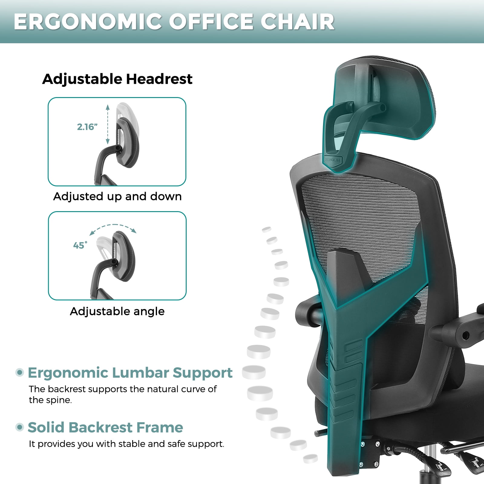 JOINSUN High Back Mesh Office Chair, Ergonomic Lumbar Support, Headrest, Footrest for Home, Black