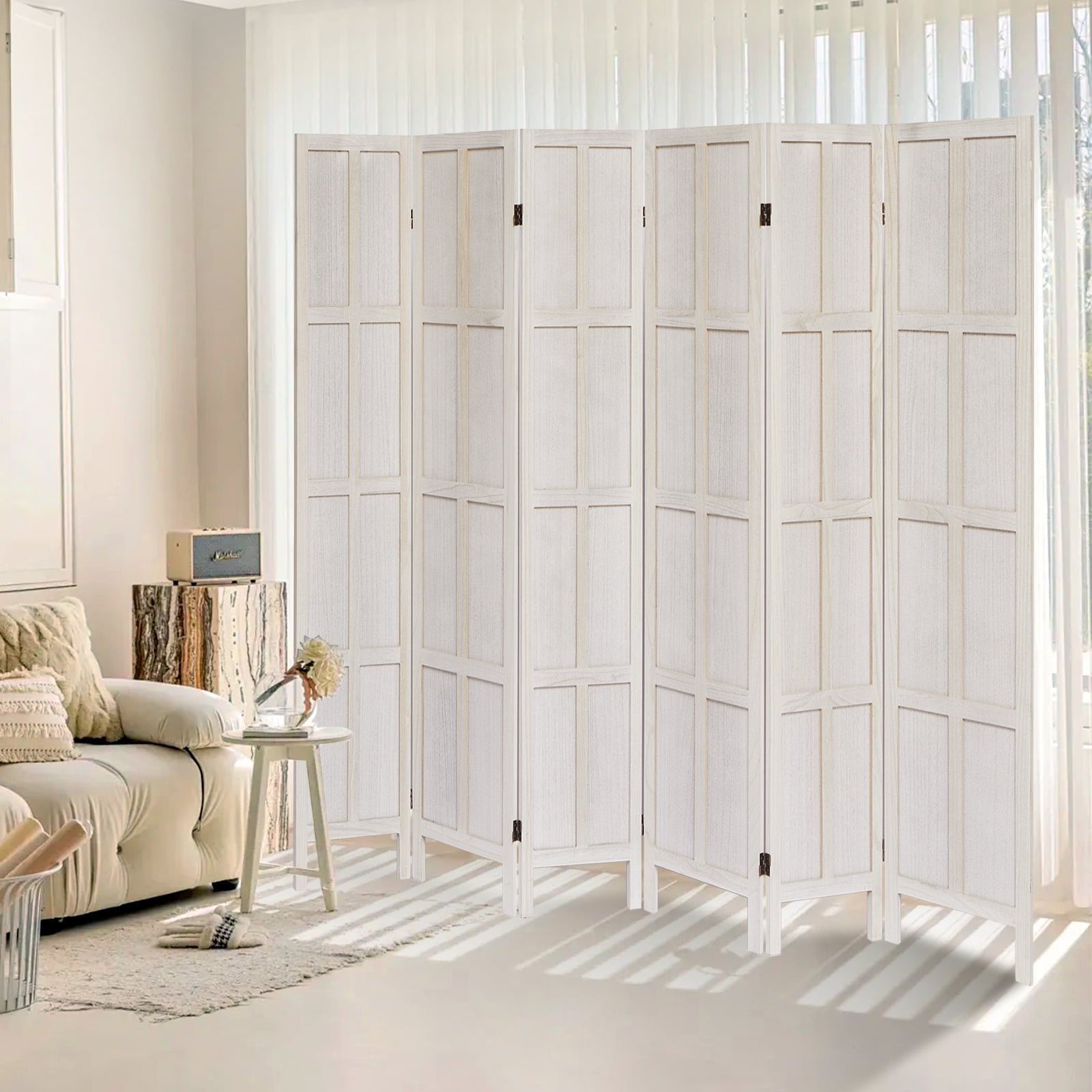 Aletheiawu 6 Panel Room Divider Wall and Folding Privacy Screens, No Installation Required, White
