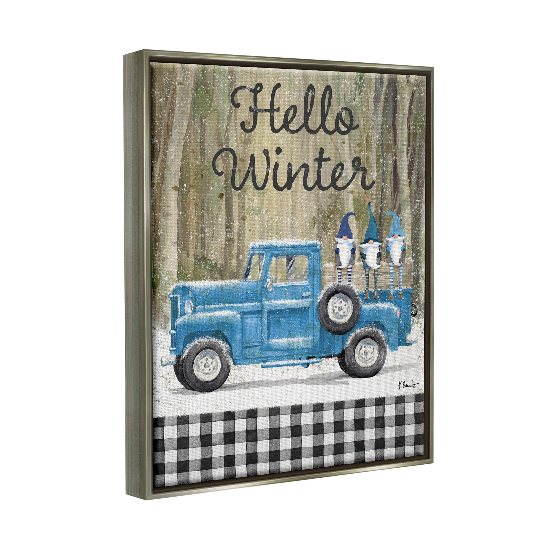 Stupell Industries Hello Winter Plaid Gnomes Graphic Art Luster Gray Floating Framed Canvas Print Wall Art, Design by Paul Brent