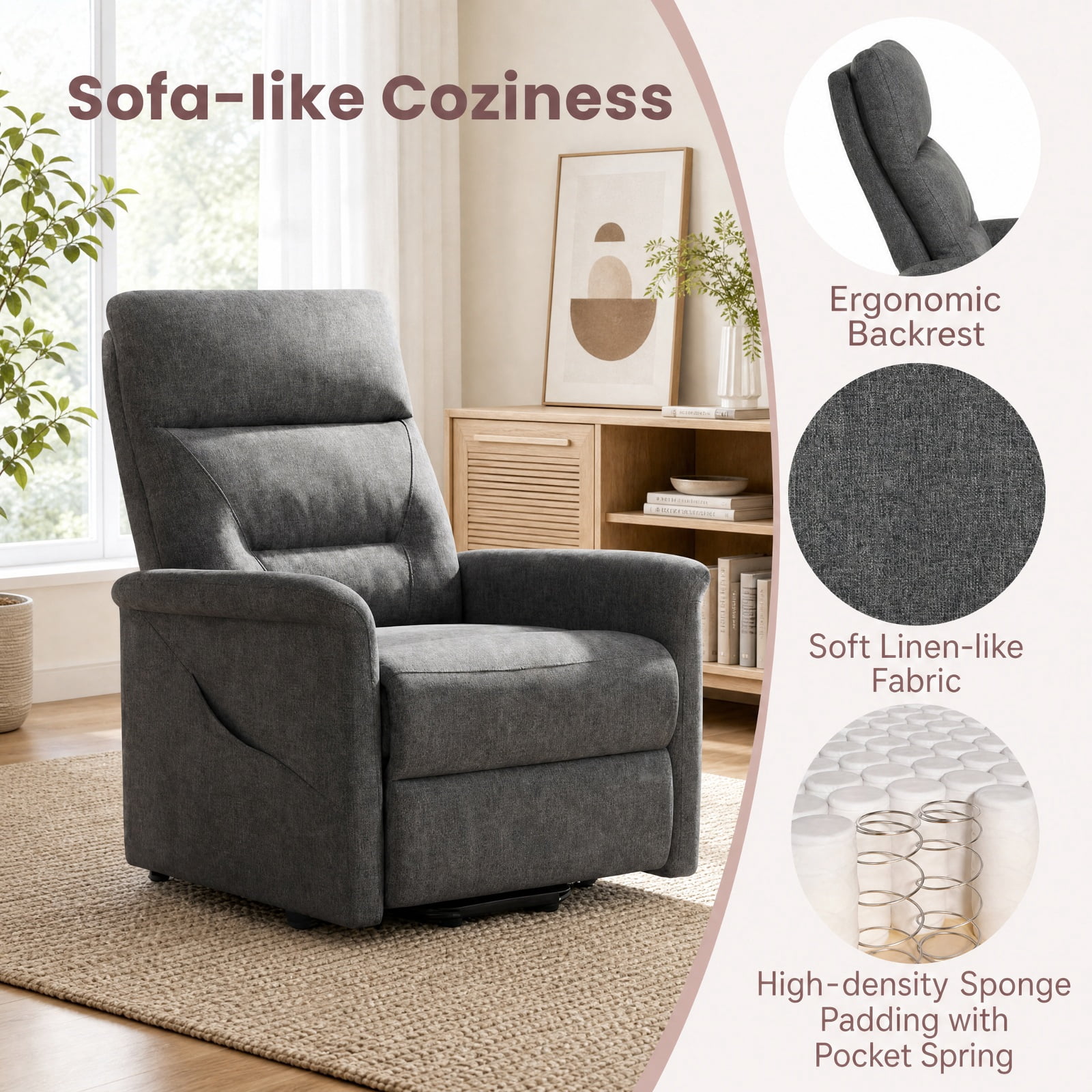 Furnibear Power Lift Recliner Chair for Elderly with Remote Control Retractable Footrest and Side Storage Pocket for Living Room and Bedroom, Gray