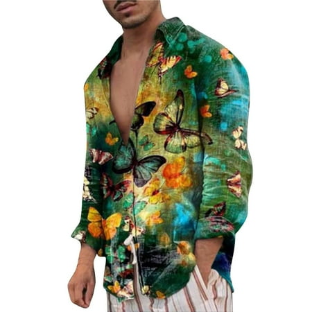 

Men Autumn Winter And Linen Printed Long Sleeves Single Stand Collar Casual Shirts Top down Pajama