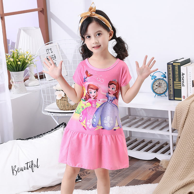 Girls Kids Ruffle Cartoon Nightdress Princess Sleepwear Tunic Tops Nightwear 