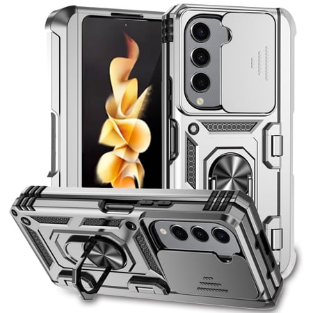 Dteck for Samsung Galaxy Z Fold 5 Phone Case Ring Magnetic Kickstand & Slide Camera Cover Shockproof Armor work with Car Mount Holder Case for Samsung Galaxy Z Fold 5 5G Silver