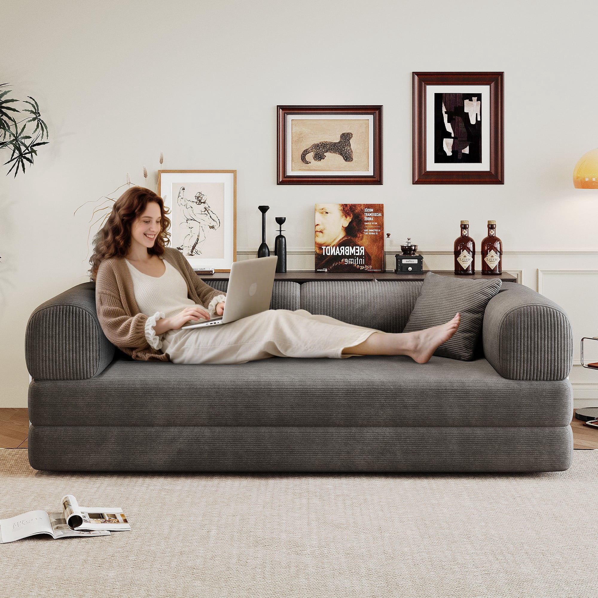 78.8" Compression Sofa Bed, Convertible Floor Futon Couch with Pillow & Armrests, Modular Corduroy Sofa, Grey