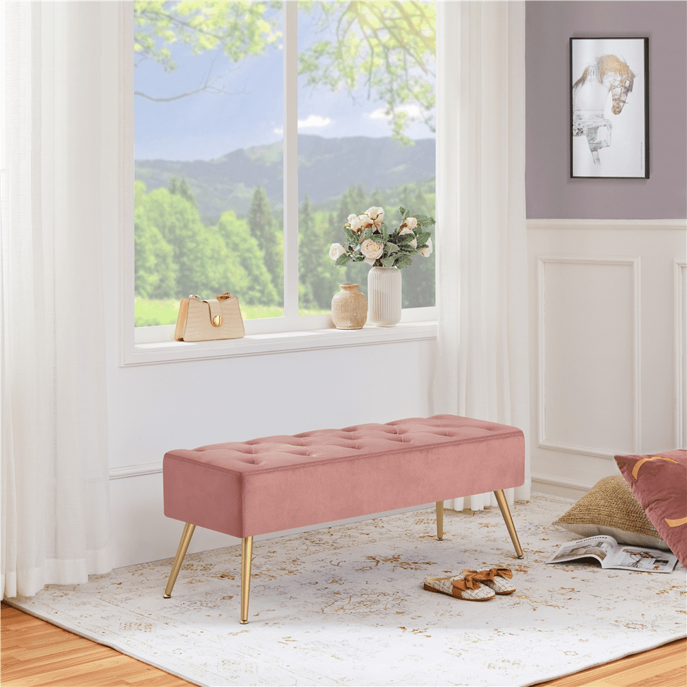 Yaheetech Modern Velvet Bench Upholstered Ottoman Footrest Stool Button Tufted with Gold Metal Legs, Pink