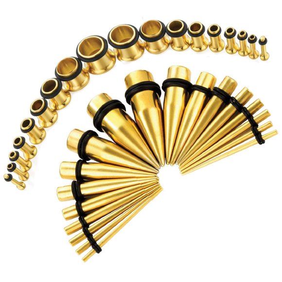 BodyJ4You 36PC Gauges Kit Ear Stretching 14G-00G Goldtone Steel Tunnel Plugs Tapers Piecing Set
