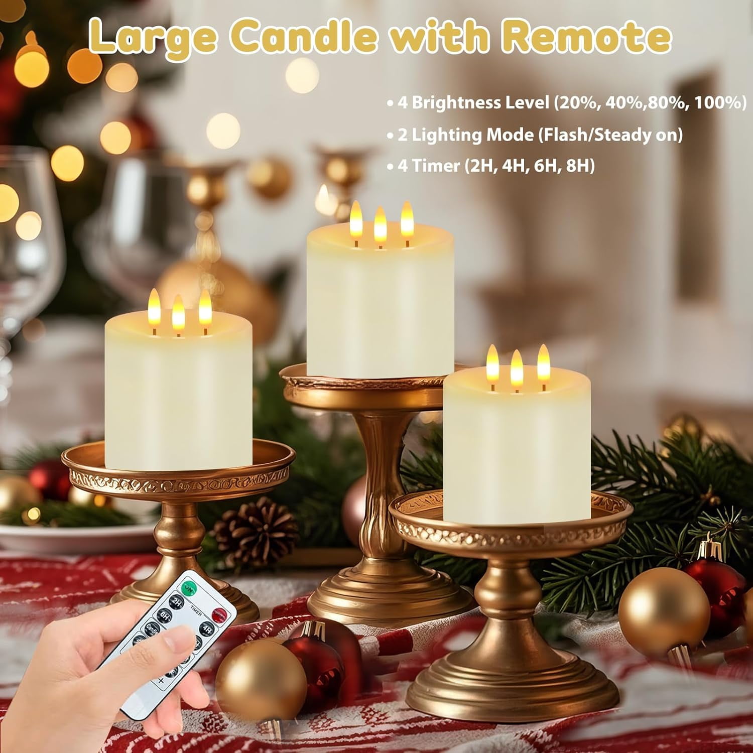 3 Wick Flameless Candles Set of 2, 4"x4" Flickering Large Flameless Candles with Remote & Timer, Dimmable Real Wax Electric Pillar Candles Battery Operated,  LED Candles for Home Wedding Xmas Decor