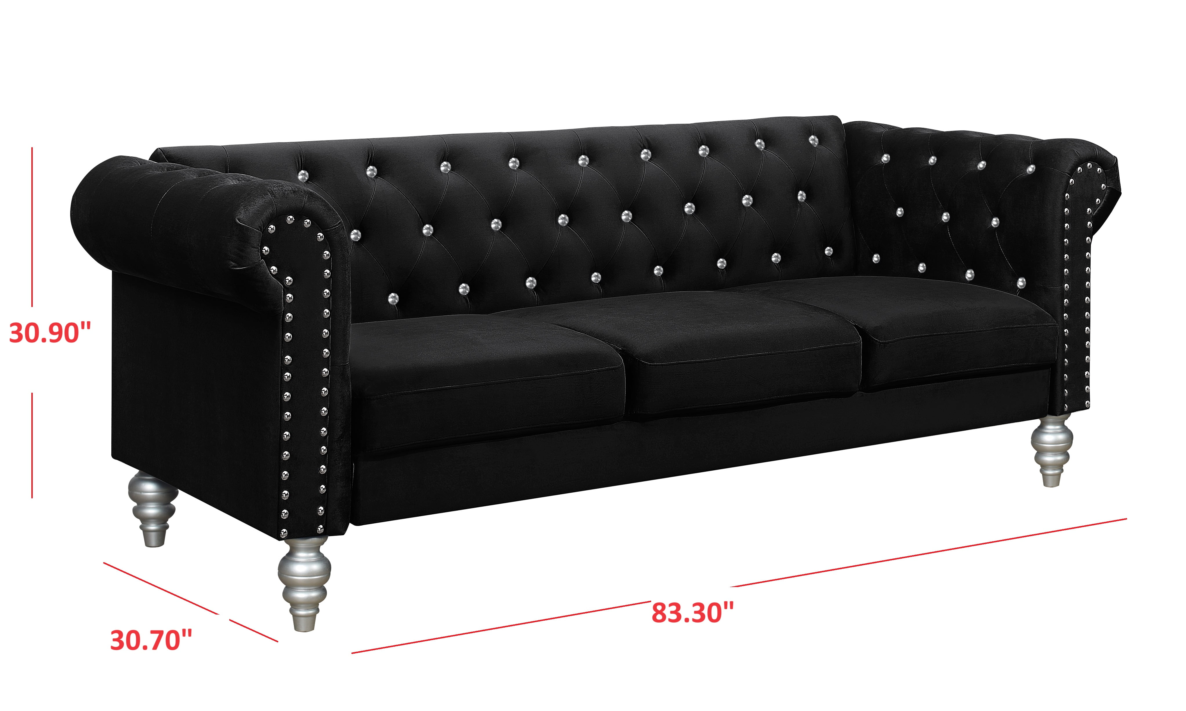 Home Design Emma Contemporary Velvet Rolled Arm Chesterfield Sofa with Diamond Button Tufted Back and Nailhead Trim, Wood-Turned Legs, Modern Luxury, Black