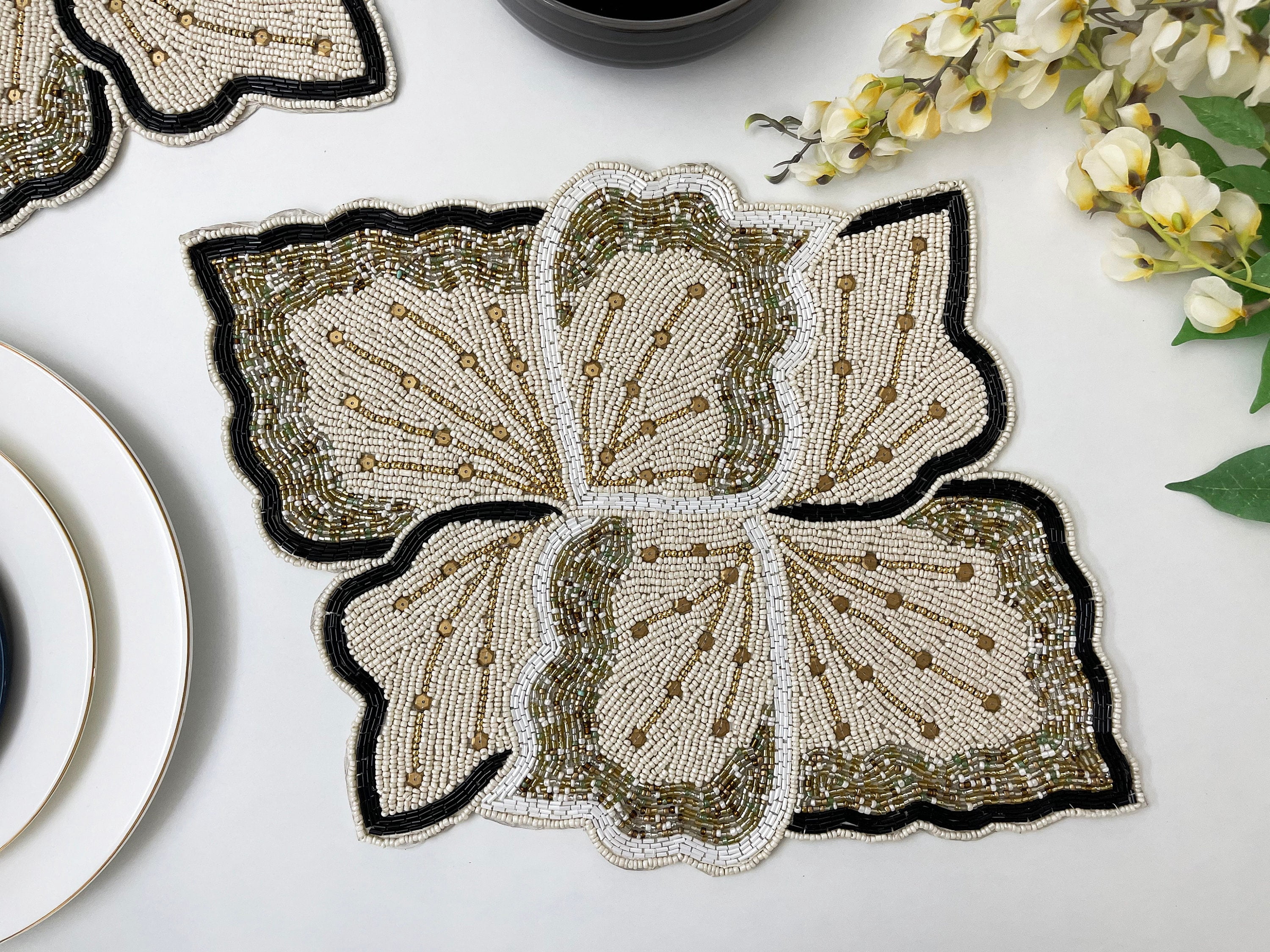 Set of 6, Handmade beaded placemat, tablemat, 14 inch, white gold black charger