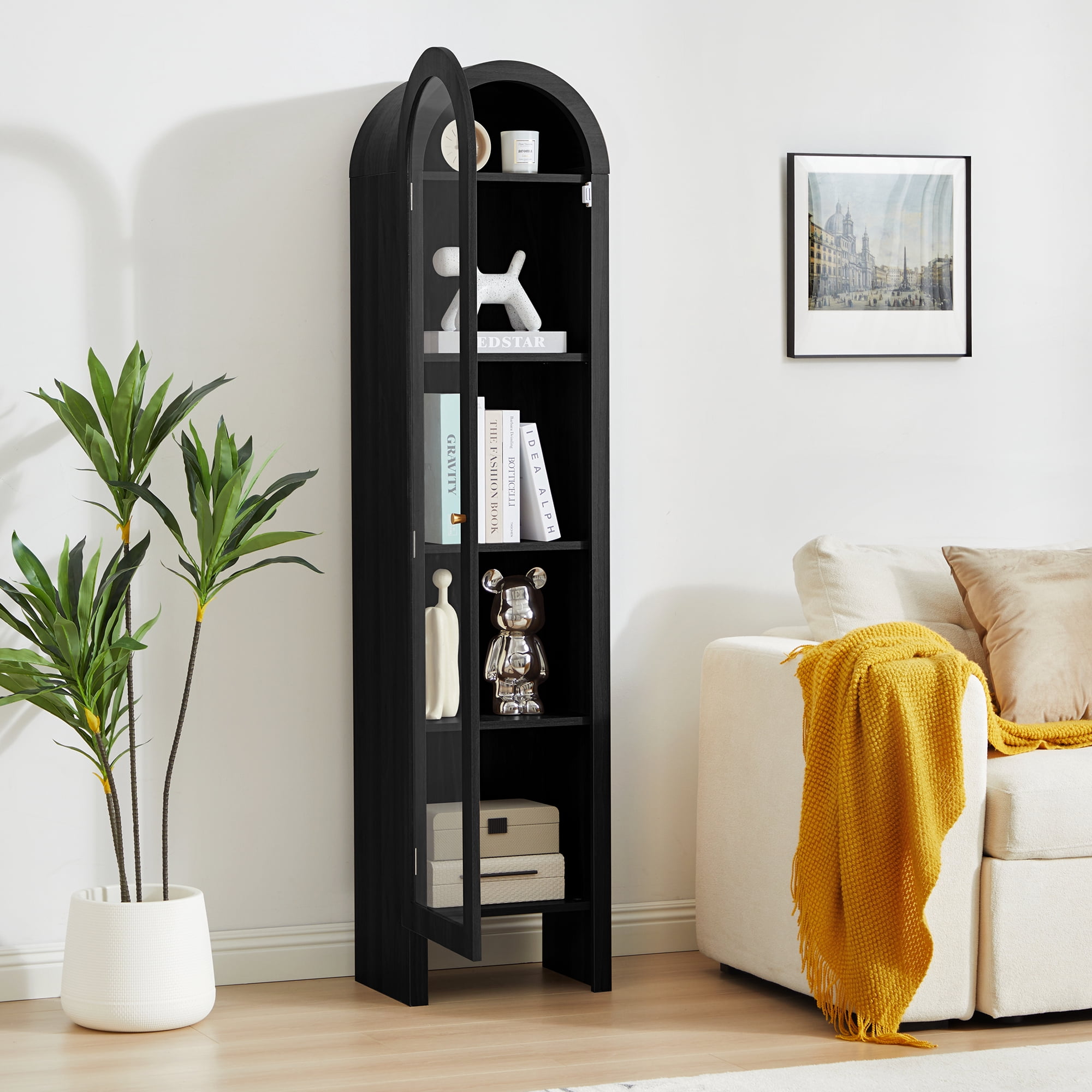 YOCWO Narrow Arched Bookcases with 5 Adjustable Shelves, Wooden Bookshelf wih Glass Door for Living Room Office, Black