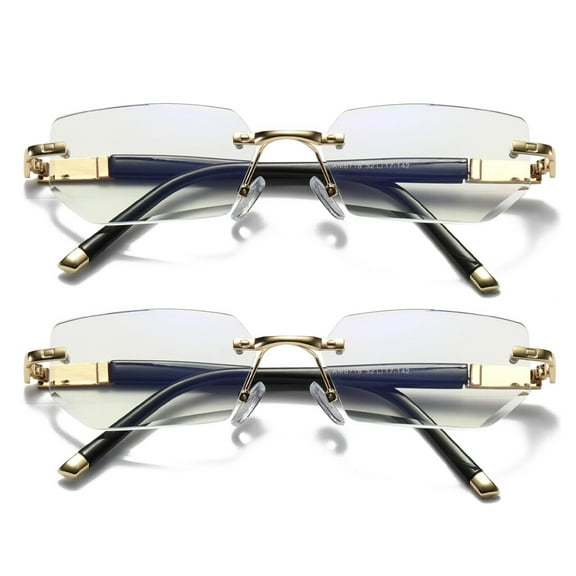 2 Pairs Mens Diamond Shape Rimless Blue Light Blocking Reading Glasses Metal Readers 0.75
