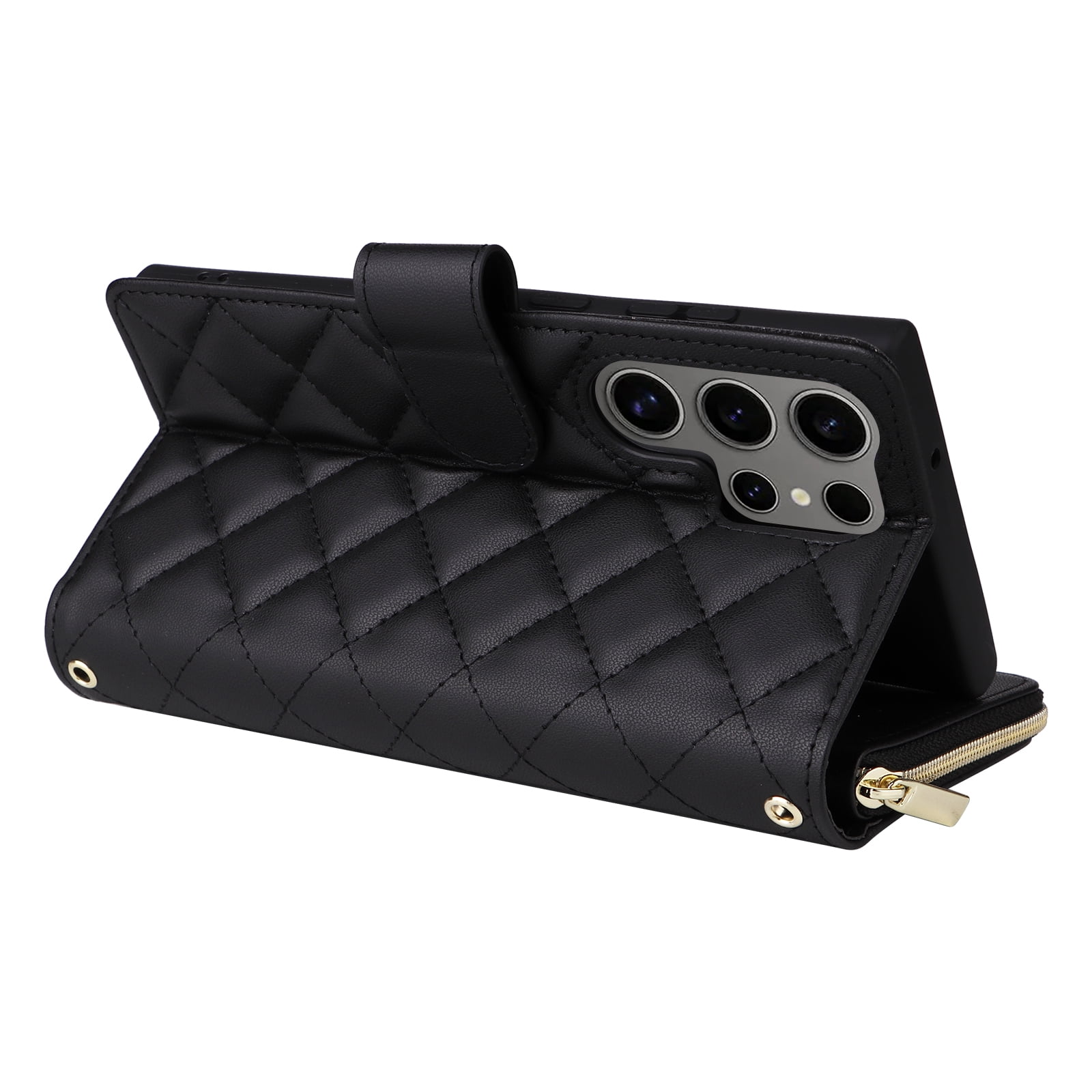 for Samsung Galaxy S24 Ultra Wallet Case, Multi-Functional Zipper Purse Case, with Flip Stand Card Holder PU Leather Phone Cover with Lanyard & Wrist Strap for Samsung Galaxy S24 Ultra, Black