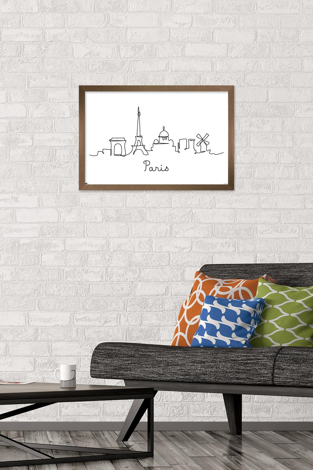 Line Art Skyline - Paris Wall Poster, 14.725" x 22.375", Framed