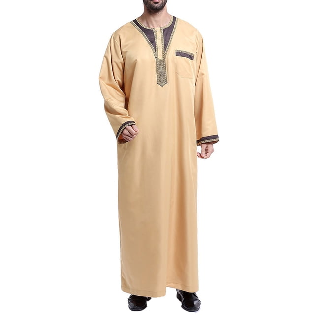 Pompotops Men's Muslim Robe Arab Middle Robe Pattern Embroidery Long Sleeve Standing Neck Pocket Long Shirt Fashion Casual Robe on Sale