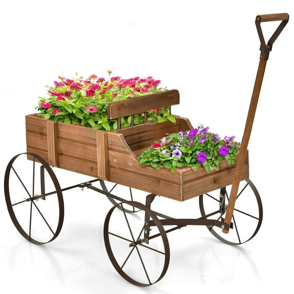 WgoodW Decorative Garden Planter, Small Wagon Cart with Metal Wheels, Wood Raised Beds Plant Pot Stand for Backyard Garden Patio 24.5"x13.5"x24" (Natural)