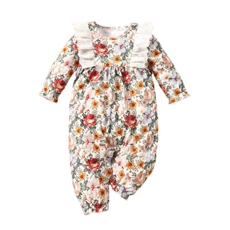 

EHTMSAK Newborn Infant Baby Toddler Long Sleeve Floral Jumpsuit for Girl Cotton Clothes Lace Romper White 0-18M 86