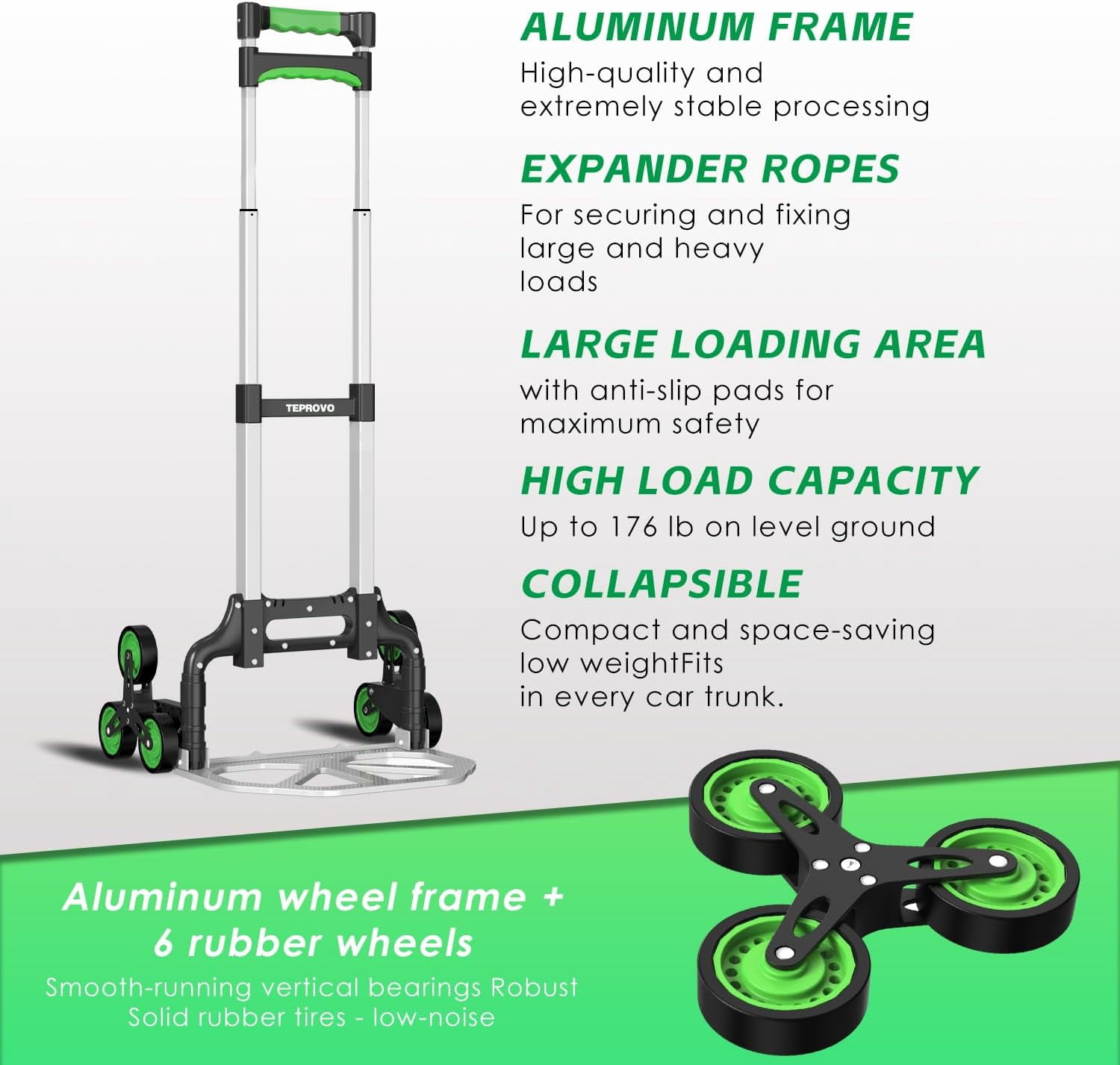 Stair Climbing Hand Truck Foldable Aluminum Dolly Cart 6-Wheel Stairs Climber 43.3 Handle 176lb Flat Load Home Warehouse No Assembly
