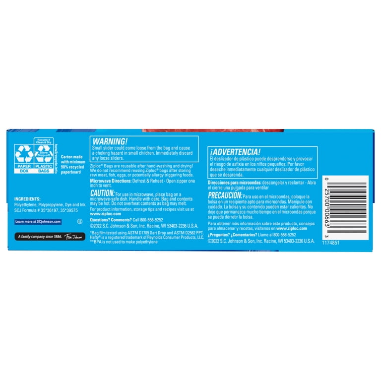 Ziploc, Slider Freezer Bags, Quart Food Storage, 50 Count