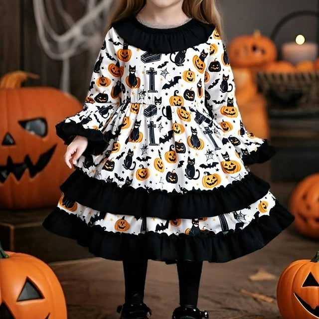 EnJoCho Robe Citrouille d'Halloween pour Filles, Tunique à Manches Longues Évasées, Robe de Fête Plissée pour Automne Hiver, Tenue Mignonne