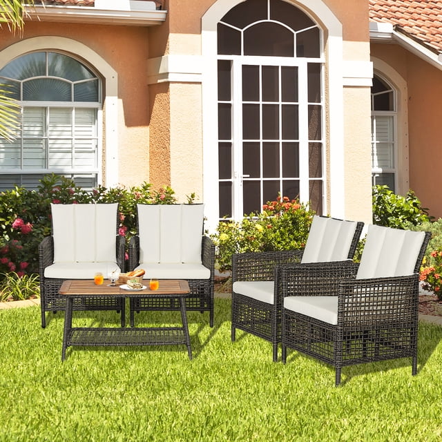 Costway 5PCS Patio Rattan Furniture Set Cushioned Sofa Armrest Wooden Tabletop