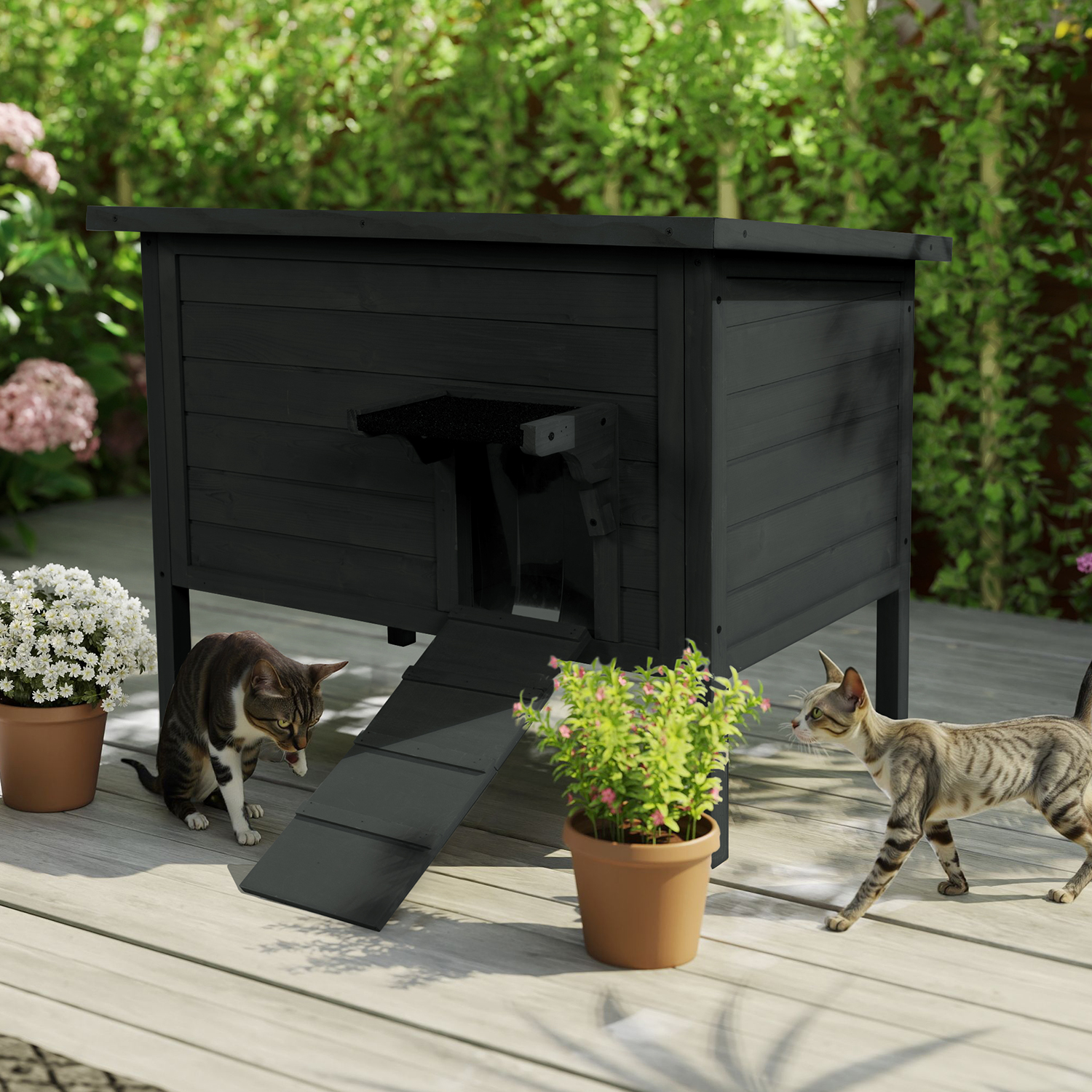 Hidpriva Insulated Wooden Outdoor Cat House, Weather-Resistant Feral Cat Shelter for Winter w/ Foldable Ladder & Visible Window, Black