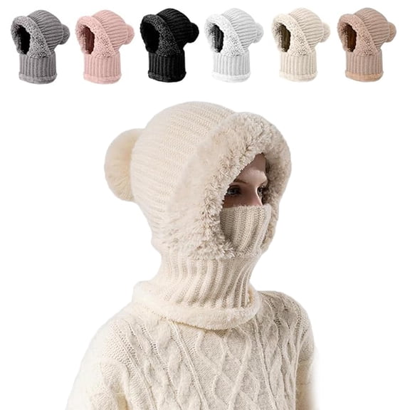 High Elastic Solid Color Knitted Hat Scarf Mask One-Piece, 3 in 1 Beanie Hat with Scarf and Mask, 3 in 1 Beanie Hats for Women (Off-white)