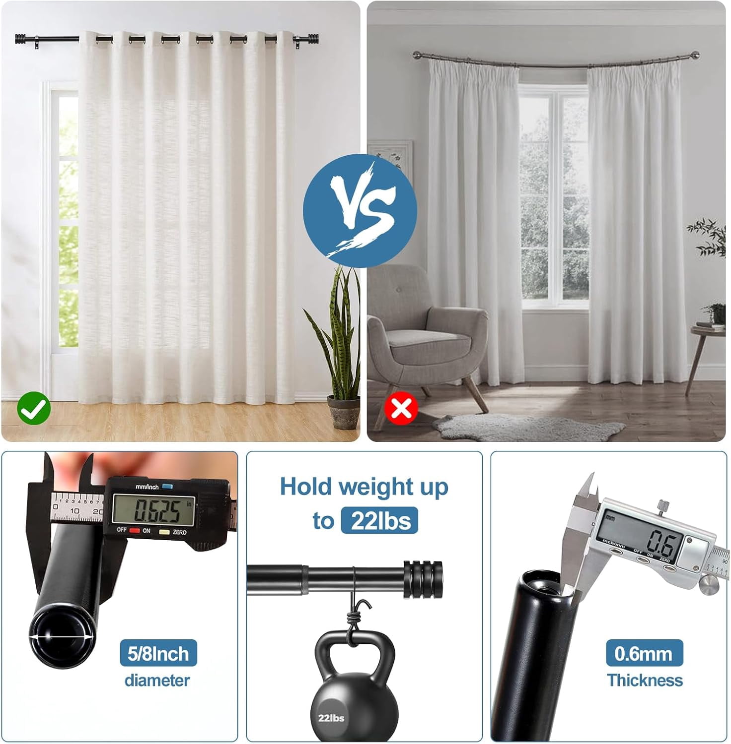 Urbanest Adjustable Single Curtain Rod Set Aspire Finials – 5/8-Inch Diameter, With Black Rod, 84–120 Inches