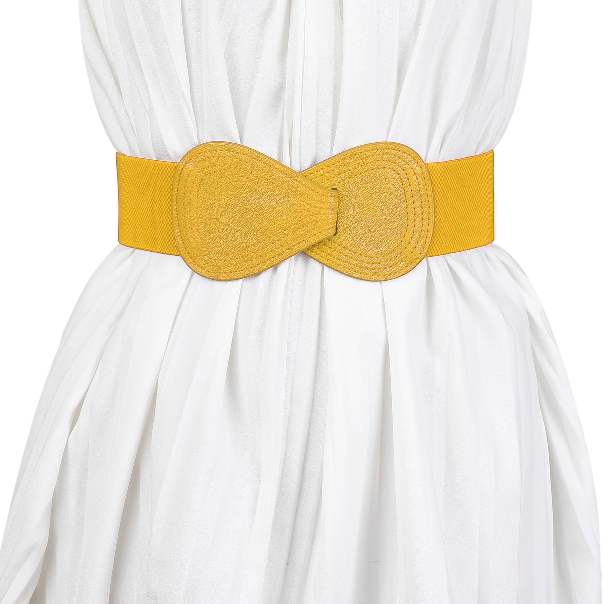 DARING DIVA Women's Plus Buckle Faux Leather Waist Belt 2 Pcs 33.5"x2.36" Yellow