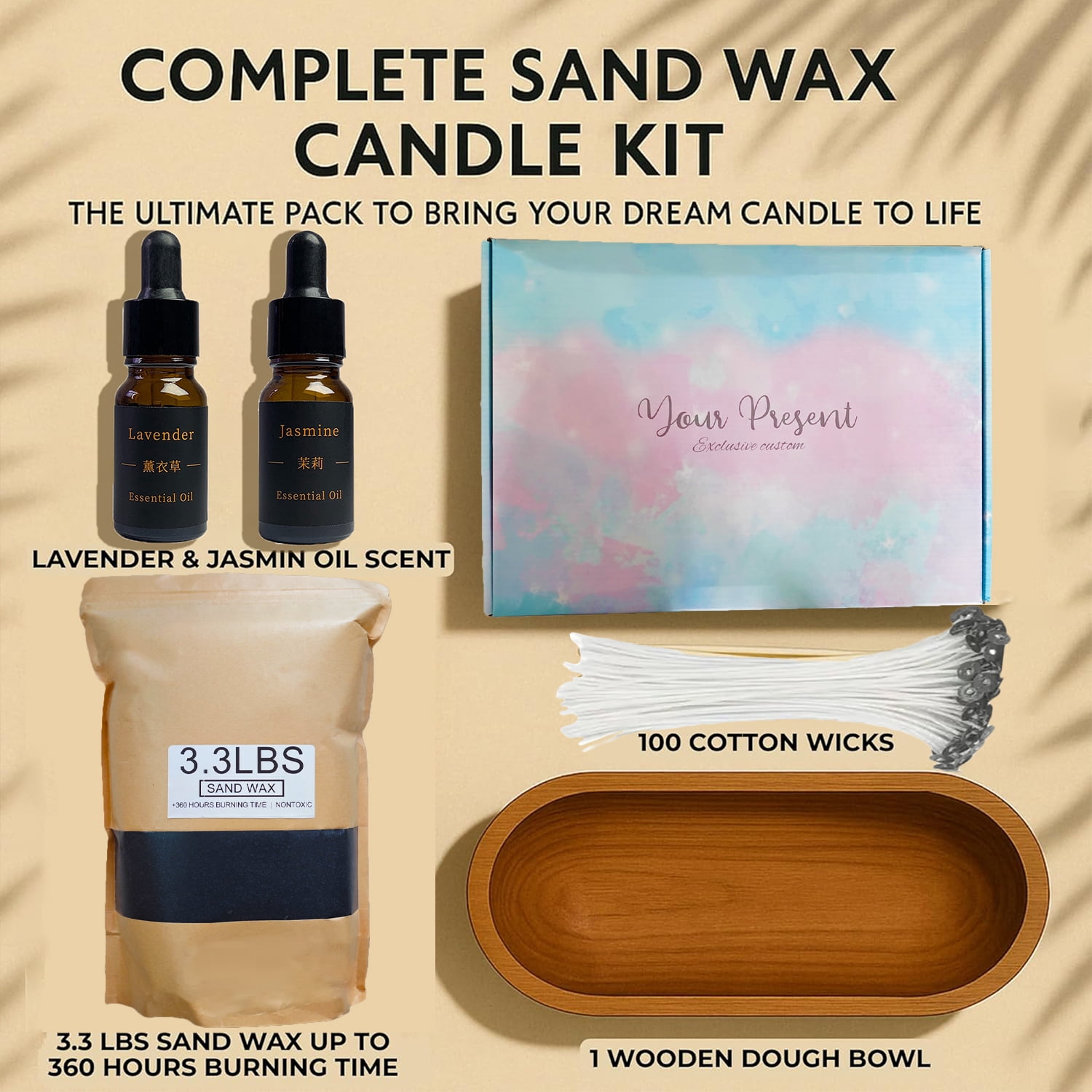 Pearled Candle Sand Gift Set with Wicks,3.3 lbs Sand Wax Candle Kit:Wooden Dough Bowl,100 Wicks,Scented Oil,Up to 360 Hours Burn Time,Non-Toxic,Reusable Candle Making Kit,Black