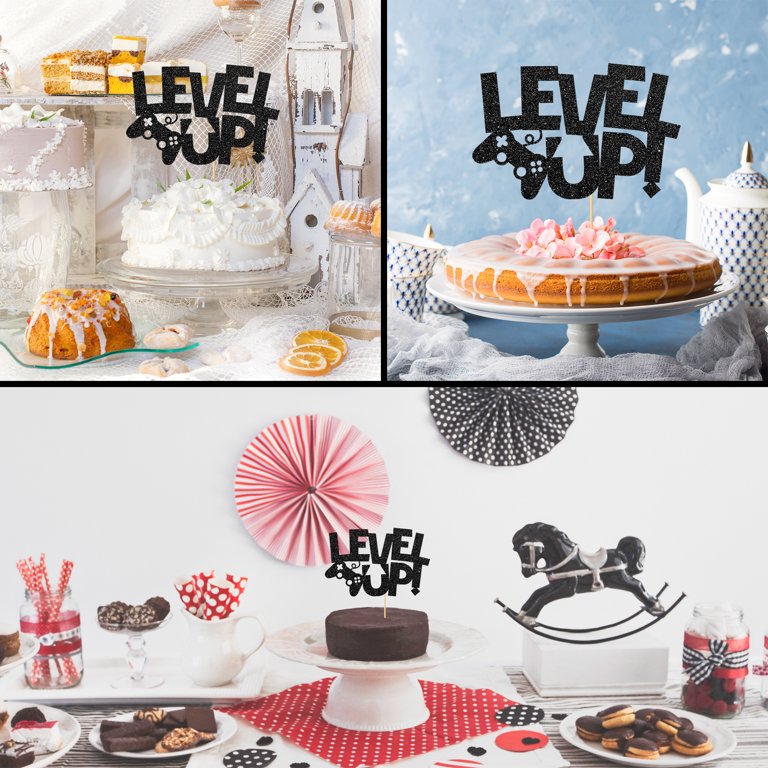 Level Up Video Game Theme Cake Topper - Black Glitter Birthday Decoration For Kids & Gamers