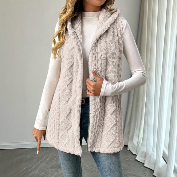 Women's Sleeveless Plush Vest, Mid Length Hooded Jacket with Zip Front, Soft Pile Fleece Outerwear, Embossed Pattern Casual Coat, Cozy Fall Winter Seasonal Layer Beige L