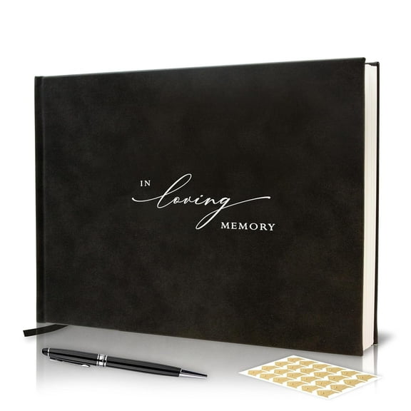 MUUJEE In Loving Memory Funeral Guestbook w/Pen & Box(Design 3) - Celebration of Life Wake Memorial Service Registry Book for Guest Signing, 60 lined Pages, Silver Embossed, Black Hardcover, 7"x9.5"