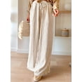 thumbnail image 4 of Women Casual Drawstring Elastic Waist Striped Wide Leg Pants with Pockets Khaki XXL, 4 of 6