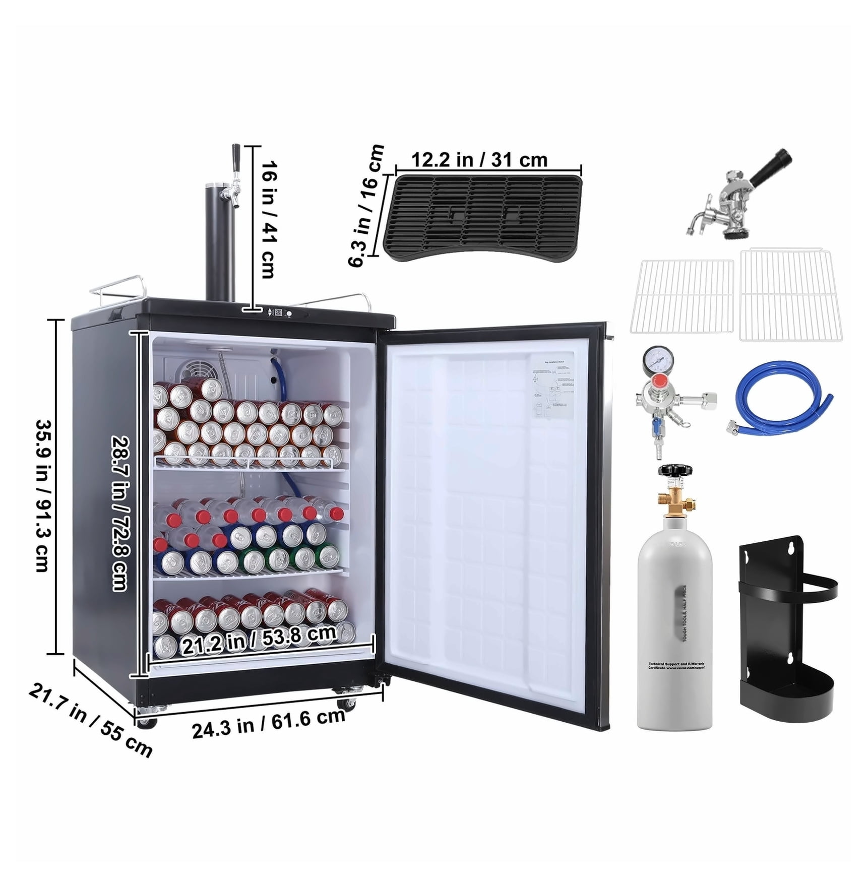 Beer Kegerator Single Tap Draft Beer Dispenser - Full Size Keg Refrigerator with CO2 Cylinder, Drip Tray & Rail - 32°F-75.2°F Temperature Control - Holds 1/6, 1/4, 1/2 Barrels