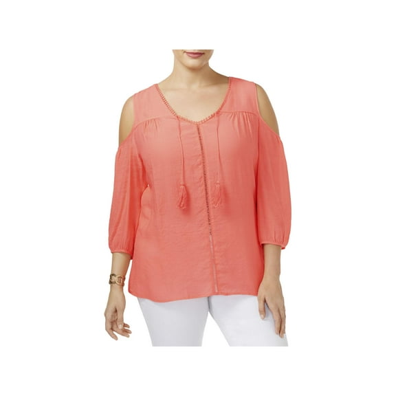 NY Collection Womens Plus Embroidered Cold Shoulder Blouse