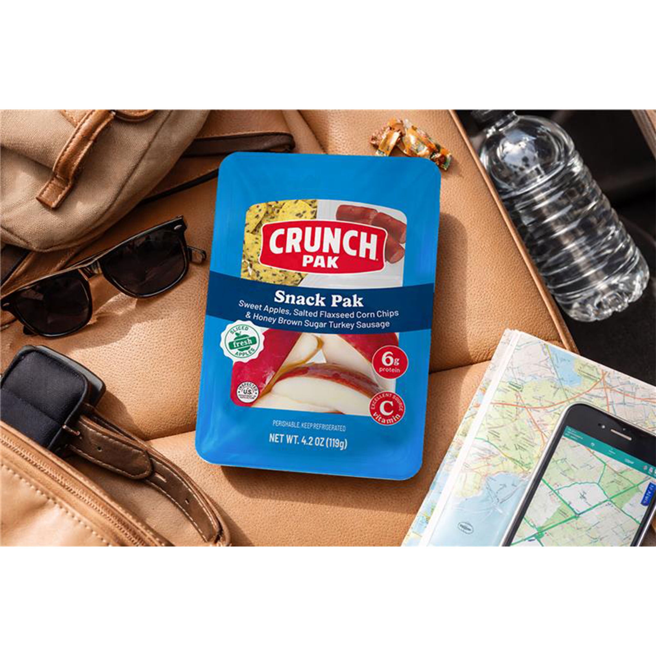 Crunch Pak Snack Pak Fresh Apple Slices,  Salted Flaxseed Corn Chips & Honey Brown Turkey Sausage, 4.2oz Tray