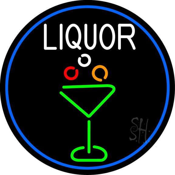 Liquor And Martini Glass Oval With Blue Border LED Neon Sign 18 x 18 - inches, Clear Edge Cut Acrylic Backing, with Dimmer - Bright and Premium built indoor LED Neon Sign for Bar decor.