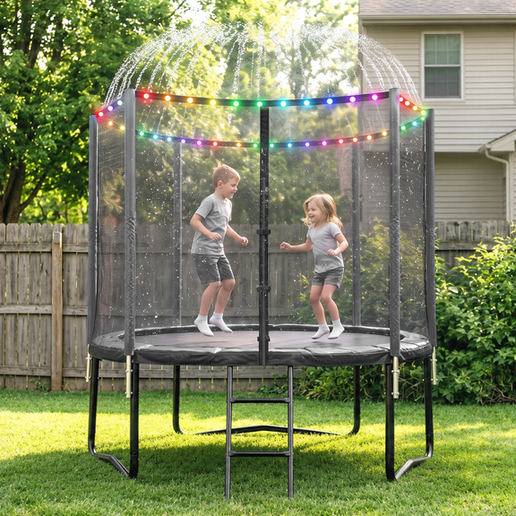 Cochan 8FT Trampoline with Net for 2-3 Kids, Heavy Duty Outdoor Trampoline with Sprinkler and Lights, Enclosure, Ladder, 800LBS Weight Capacity, Birthday Gift, Easy Assembly