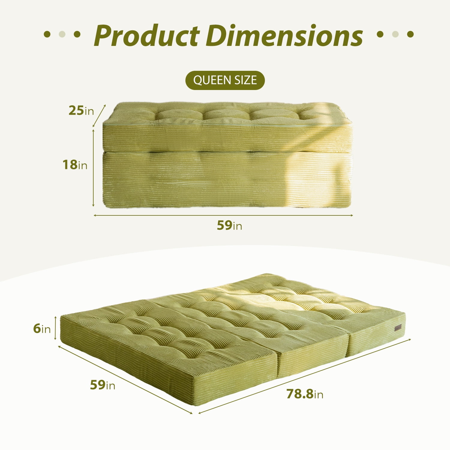 BYBYME 6 inch Tri-Fold Mattress,Corduroy Folding Mattress Made of a Whole Foam,Memory Foam Mattress Topper Perfect for Sleeping,Camping,Queen,Green