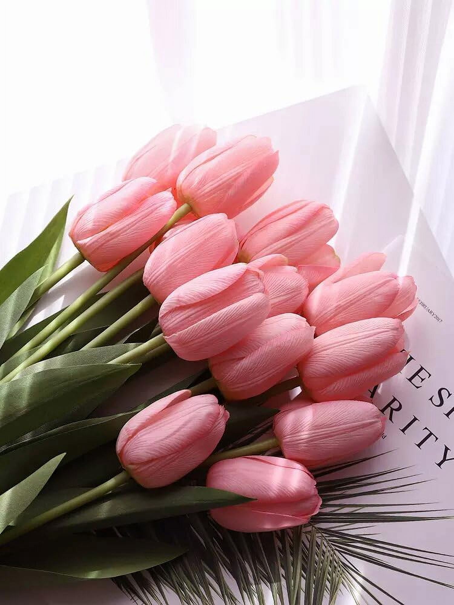 10 Pink Flowers Artificial Tulips Silk Fake Flowers 13.5 Inch for Valentine's Day, Easter, Bulk Home Kitchen Wedding Table Decoration